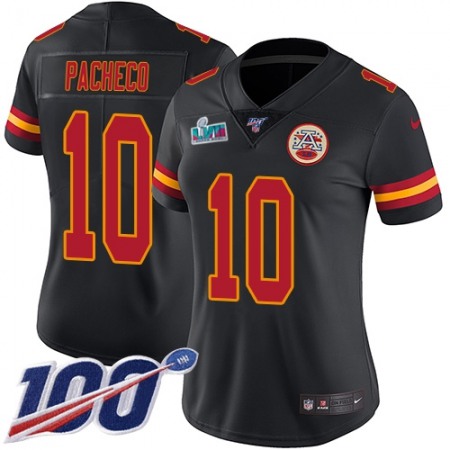 Nike Chiefs #10 Isiah Pacheco Black Super Bowl LVII Patch Women's Stitched NFL Limited Rush 100th Season Jersey