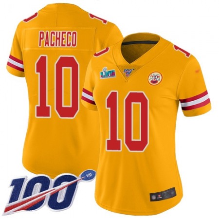 Nike Chiefs #10 Isiah Pacheco Gold Super Bowl LVII Patch Women's Stitched NFL Limited Inverted Legend 100th Season Jersey