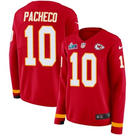 Nike Chiefs #10 Isiah Pacheco Red Team Color Super Bowl LVII Patch Women's Stitched NFL Limited Therma Long Sleeve Jersey