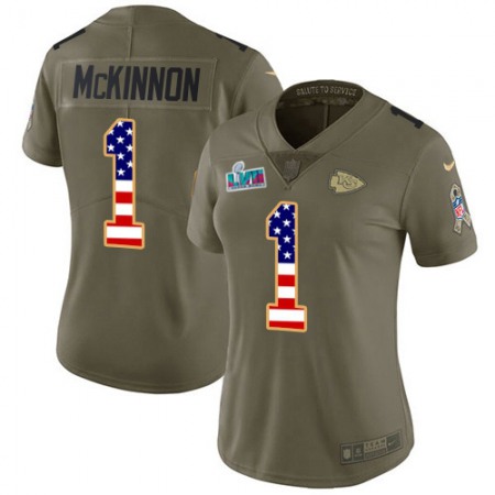 Nike Chiefs #1 Jerick McKinnon Olive/USA Flag Super Bowl LVII Patch Women's Stitched NFL Limited 2017 Salute to Service Jersey