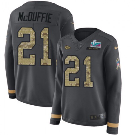 Nike Chiefs #21 Trent McDuffie Anthracite Salute to Service Super Bowl LVII Patch Women's Stitched NFL Limited Therma Long Sleeve Jersey