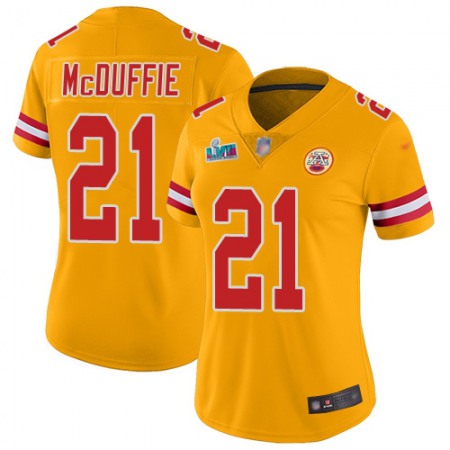 Nike Chiefs #21 Trent McDuffie Gold Super Bowl LVII Patch Women's Stitched NFL Limited Inverted Legend Jersey