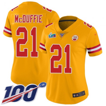 Nike Chiefs #21 Trent McDuffie Gold Super Bowl LVII Patch Women's Stitched NFL Limited Inverted Legend 100th Season Jersey