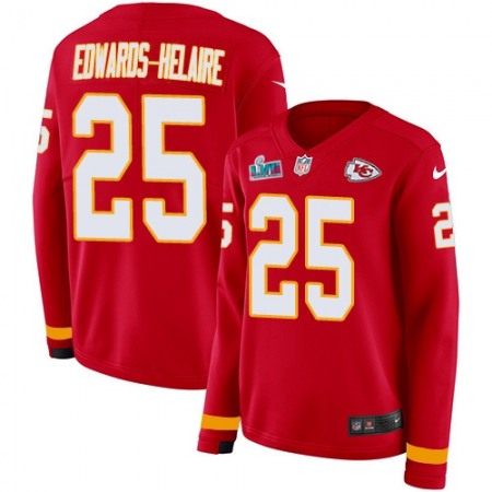 Nike Chiefs #25 Clyde Edwards-Helaire Red Team Color Super Bowl LVII Patch Women's Stitched NFL Limited Therma Long Sleeve Jersey