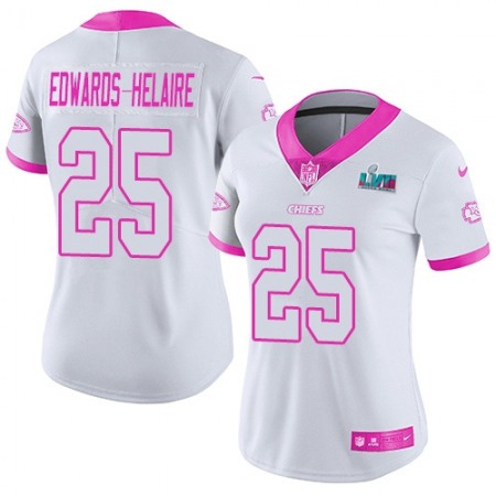 Nike Chiefs #25 Clyde Edwards-Helaire White/Pink Super Bowl LVII Patch Women's Stitched NFL Limited Rush Fashion Jersey