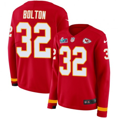 Nike Chiefs #32 Nick Bolton Red Team Color Super Bowl LVII Patch Women's Stitched NFL Limited Therma Long Sleeve Jersey