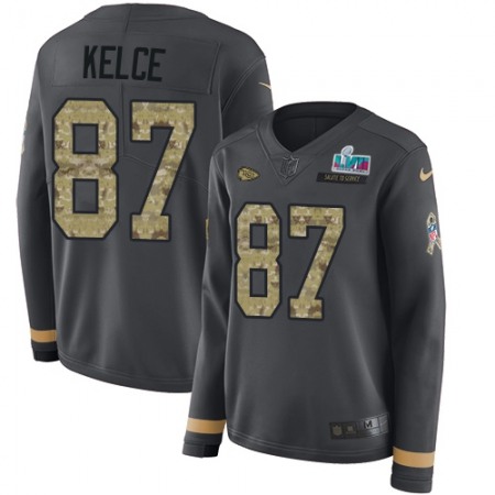 Nike Chiefs #87 Travis Kelce Anthracite Super Bowl LVII Patch Salute to Service Women's Stitched NFL Limited Therma Long Sleeve Jersey