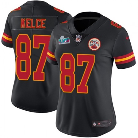 Nike Chiefs #87 Travis Kelce Black Super Bowl LVII Patch Women's Stitched NFL Limited Rush Jersey