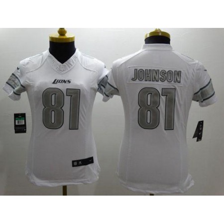 Nike Lions #81 Calvin Johnson White Women's Stitched NFL Limited Platinum Jersey