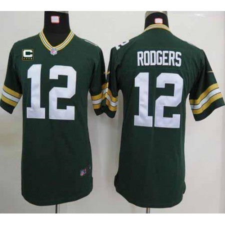 Nike Packers #12 Aaron Rodgers Green Team Color With C Patch Youth Stitched NFL Elite Jersey