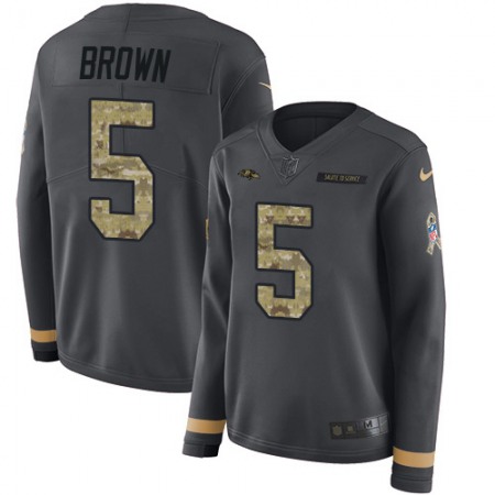 Nike Ravens #5 Marquise Brown Anthracite Salute to Service Women's Stitched NFL Limited Therma Long Sleeve Jersey