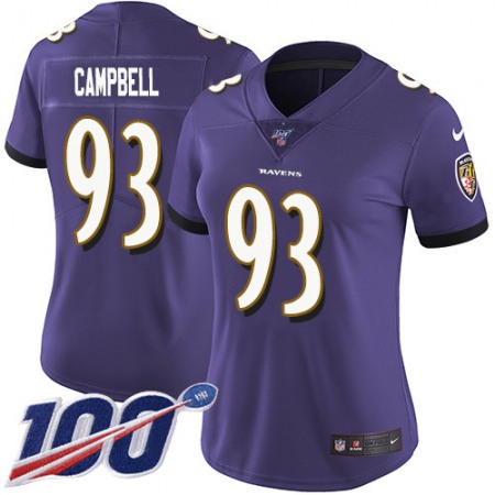 Nike Ravens #93 Calais Campbell Purple Team Color Women's Stitched NFL 100th Season Vapor Untouchable Limited Jersey