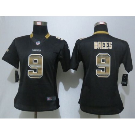 Nike Saints #9 Drew Brees Black Team Color Women's Stitched NFL Elite Strobe Jersey