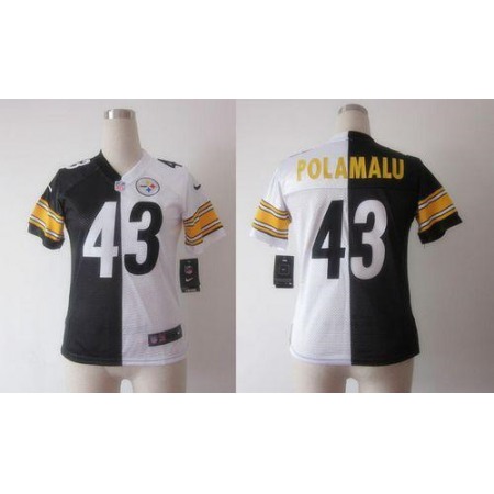 Nike Steelers #43 Troy Polamalu Black/White Women's Stitched NFL Elite Split Jersey